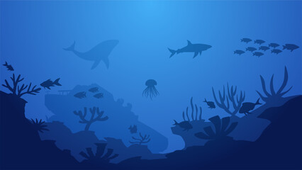 Seascape vector illustration. Scenery of shipwreck in the bottom sea with fish and coral reef. Sea world landscape for illustration, background or wallpaper