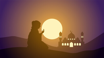 Mosque landscape with praying muslim silhouette vector illustration. Ramadan scenery design graphic in muslim culture and islam religion. Mosque landscape illustration, background or wallpaper