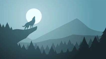 Fotobehang Wildlife wolf landscape vector illustration. Scenery of wolf howling silhouette in the cliff. Wolf wildlife landscape for illustration, background or wallpaper © Moleng