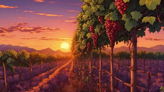 Grasping vines along vineyards trellises, their leaves deep, unnatural shade purple. set, lush rows gvines transformed into hues, reflecting brutal thirst vampire lords 2d animation