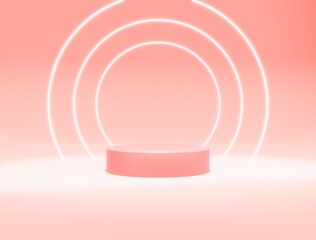 Pink cylinder pedestal podium. Neon ring with pastel color backdrop. Abstract illustration rendering 3d shape. Cosmetic product display presentation. Minimal wall scene.