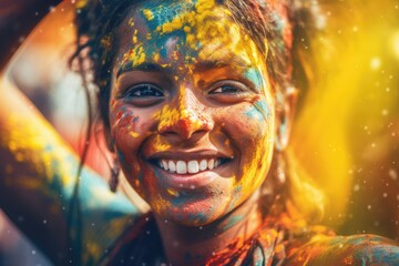 Dancing Colors of Holi: Witness the Cultural Extravaganza as a Joyful Indian Woman, with a Colored...