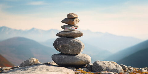 Stacked zen stones on the top of the mountain in the morning - obrazy, fototapety, plakaty