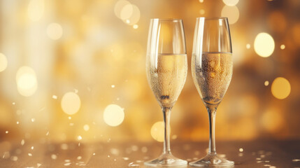 Two glasses of champagne on bokeh background. New Year celebration