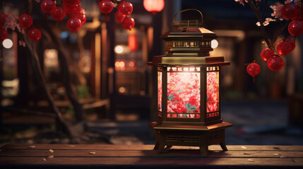 Lantern with Chinese lanterns on the wooden table in the night.