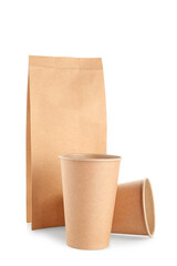 Takeaway paper cups and bag on white background