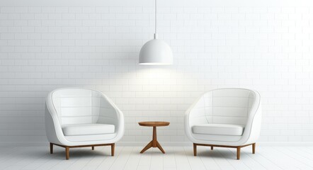 Two white chairs and lamp in a room with white walls.