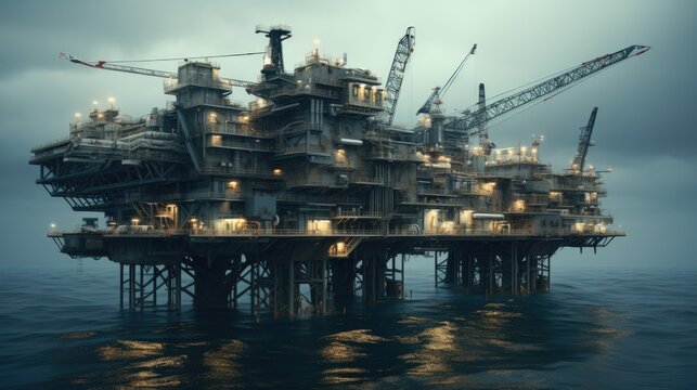 Offshore oil and Gas processing platform, Concept of exploration and petroleum production industry in the sea.