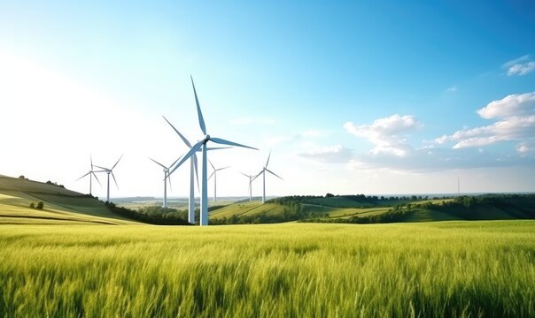 Wind turbines on a green hill with blue sky,.