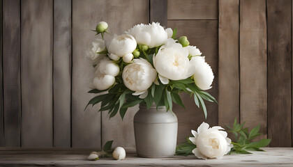 Peonies White bouquet rustic scene
