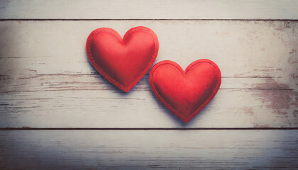 Fototapeta premium Two Red hearts over white wooden background with copy space; valentines and vintage tone photo
