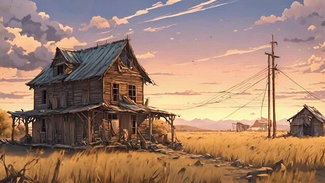 abandoned farmhouses stood like skeletons, their wooden frames bleached battered unrelenting winds. oncefertile fields were barren wastelands, dried husks crops tering 2d animation