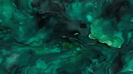 Black emerald jade green abstract pattern watercolor background. Stain splash rough daub grain grunge. Dark shades. Water liquid fluid. Design. Template.