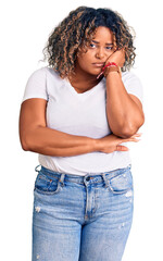 Young african american plus size woman wearing casual clothes thinking looking tired and bored with depression problems with crossed arms.