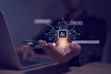 ai, businessman showing graphics like global internet connected Chatgpt Chat with AI artificial...