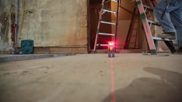 Laser light level on construction site with a man walking down the ladder.