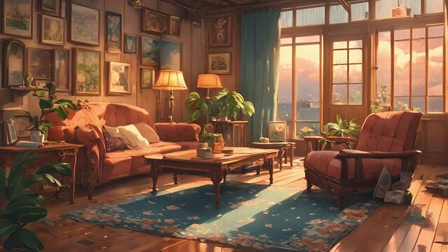 rain pours outside, find yourself quaint vintage living room, surrounded antique furniture vintage posters. soft sound rain against window adds relaxed nostalgic feel stream overlay animation
