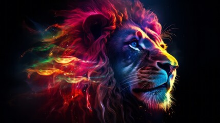 Lion. The head of a lion in a multi-colored flame. Abstract multicolored profile portrait of a lion head on a black background