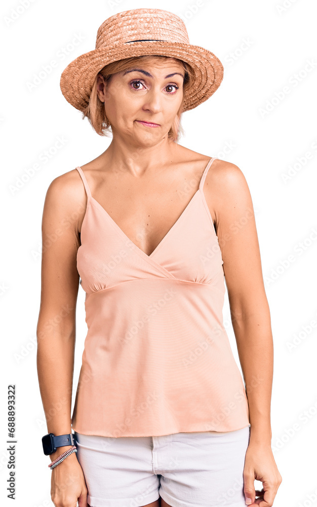 Poster young blonde woman wearing summer hat looking sleepy and tired, exhausted for fatigue and hangover, 