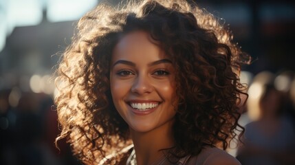 Young brunette woman smiling outdoor at summer day