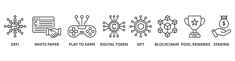 Gamefi banner web icon vector illustration concept with icon of defi, white paper, play to earn, digital token, nft, blockchain, pool rewards and staking