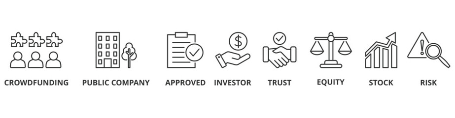 IPO banner web icon vector illustration concept of initial public offering with icon of crowdfunding, public company, approved, investor, trust, equity, stock and risk