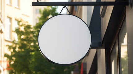 Singboard hang Mock up Template for Design. Empty  circle sign in front of Building. Generative Ai.