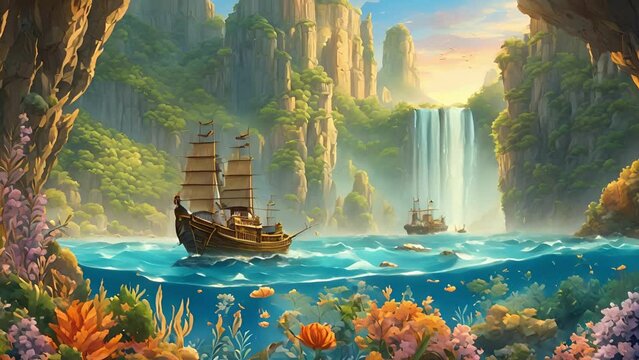 serene idyllic paradise nestled heart ocean, guarded imposing cliffs that stand guardians legendary island. subject Atlantis, beautiful queen with mesmerizing features, 2d animation