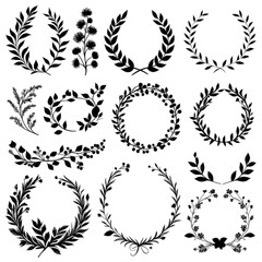 hand drawn laurel wreaths on white background, Design elements