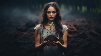 Obraz na płótnie Canvas A young woman holding a seedling in dark soil. Concept eco earth day