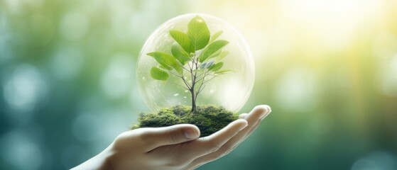Hand holding tree on blur green nature background. Concept eco earth day