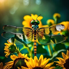 dragonfly on a flower of yellow color