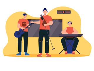 A band recording song in music studio. Music studio Illustration.