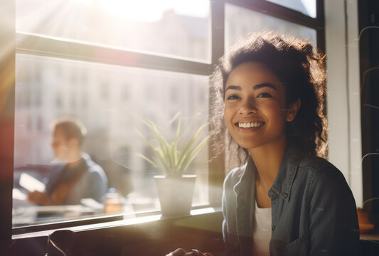young African businesswoman, radiating joy and relaxation as she smiles against the backdrop of a sunset-lit window. Generative AI.