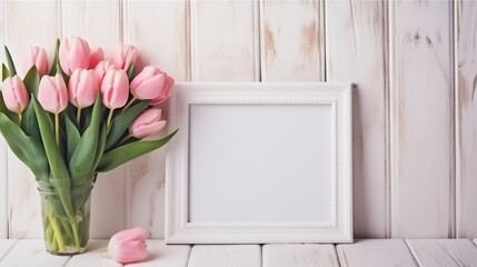 empty photo frame decorated with pink tulips with copy space for text generated by AI tool