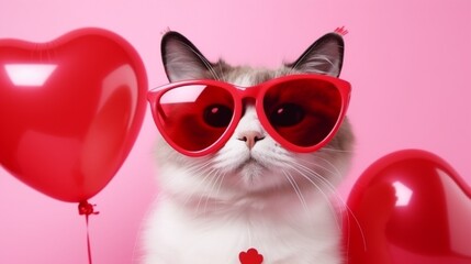 Fototapeta premium Cute Domestic Cat Portrait on Colored Background for Valentine's Day Celebration generated by AI tool