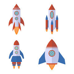 Set of Different Spaceship Rocket. With Flat Cartoon Design. Vector Illustration. 