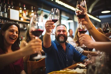 Foto op Plexiglas people toasting red wine glasses at farm house vineyard countryside - Happy friends enjoying happy hour at winery bar restaurant  © Ainur