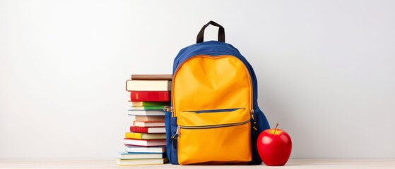 Full school backpack with books isolated on isolated background with copy space