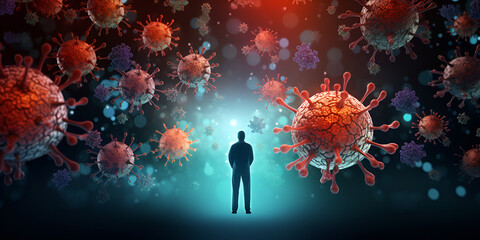 Different shapes bacteria's and virus cells near person silhouette Viral hepatitis infection causing chronic liver disease. influenza virus swine flu, Coronavirus attack on human person background   - obrazy, fototapety, plakaty