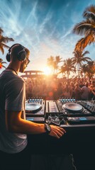 Dj mixing outdoor at beach party festival with crowd of people in background - obrazy, fototapety, plakaty