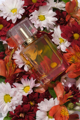 On a background made of beautiful fresh flowers of different colors, a model of a glass bottle for a perfume product is displayed. Botanical beauty care products. Sweet fragrance
