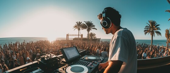 Dj mixing outdoor at beach party festival with crowd of people in background