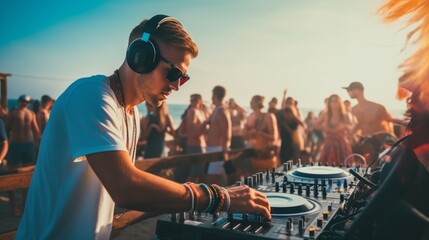 Dj mixing outdoor at beach party festival with crowd of people in background