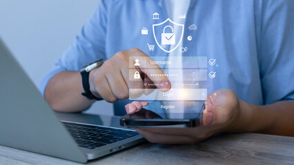 Businessman use secure laptop encryption technology, protect business and financial transaction data from cyber attacks, intelligent protection digital attacks. Cybersecurity and data protection.