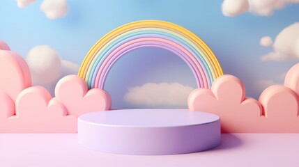 3D podium on pastel background with clouds and cute rainbow. Kids product display