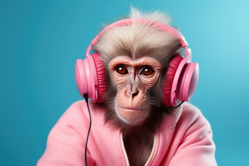 A monkey in a pink bathrobe and pink headphones on a turquoise background.