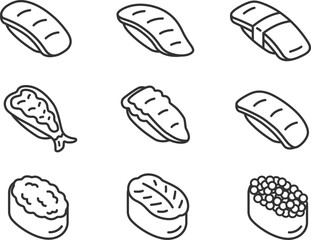 いろいろな、寿司のアイコン（線画）のイラストセット