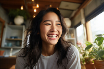 portrait of a young asian woman smiling sitting at home - obrazy, fototapety, plakaty