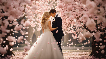 桜の木の下で結婚式を挙げる新郎新婦 - obrazy, fototapety, plakaty